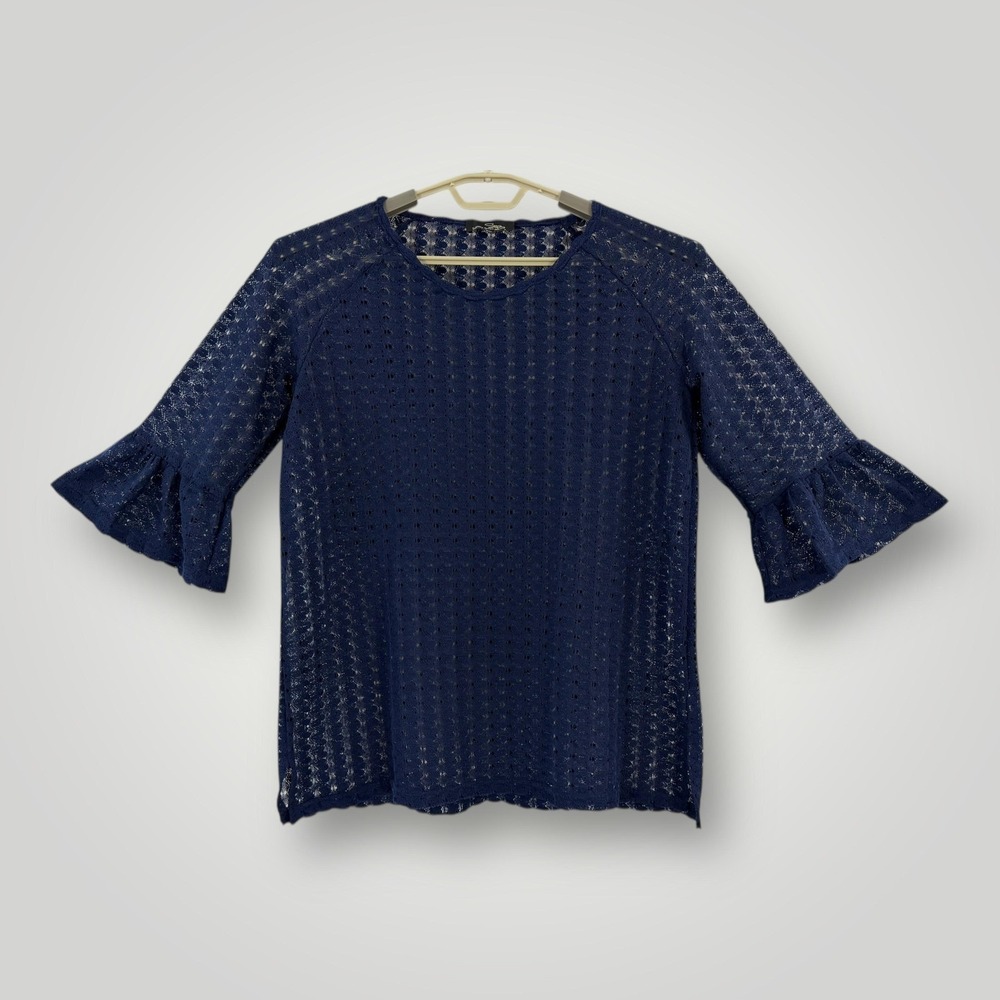 Suzanne‎ Betro Sweater Womens Size Large Blue Sheer Lace Bell Sleeve Tunic Top